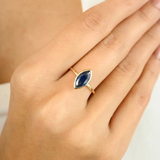 Marquise Cur Gemstone Blue Sapphire 14K Solid Yellow Gold Single Stone Ring Simple Jewelry