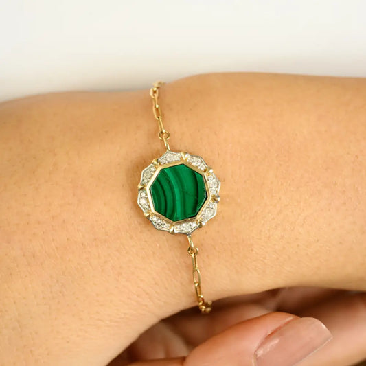 Center Stone Malachite & Diamond Paperclip Chain Bracelet Unisex Pure 14K Gold Jewelry
