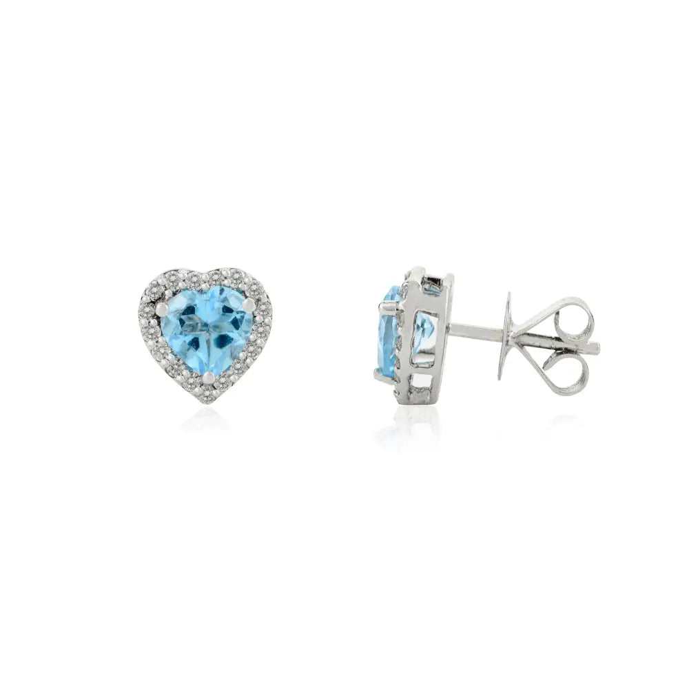 Luxurious Heart Shape Blue Topaz & Diamond Halo Stud Earrings Handmade K14 Gold Jewelry