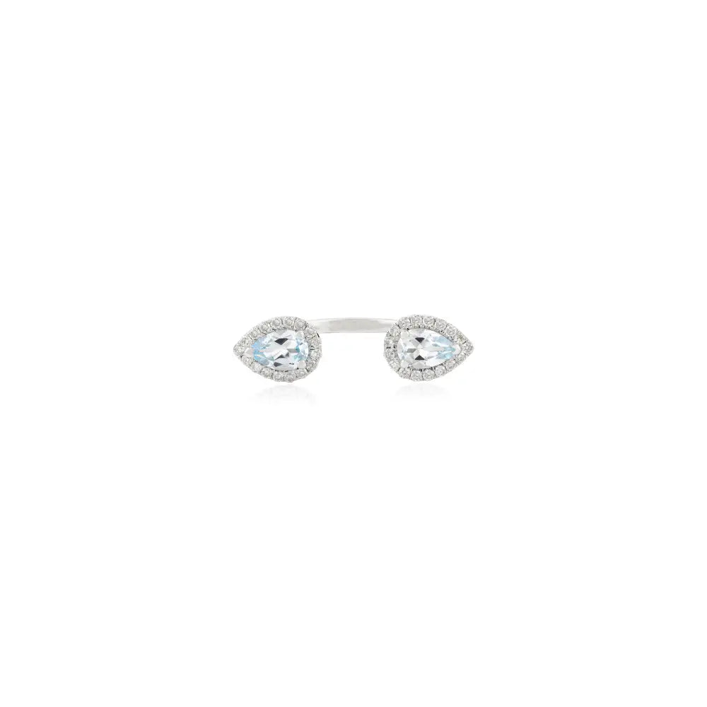 Pear Cut Blue Topaz & Diamond Statement Halo Open Ring Unique Solid 14K White Gold Jewelry