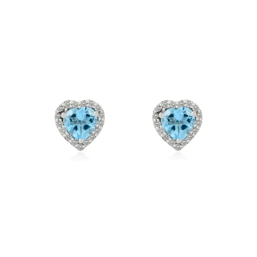 Luxurious Heart Shape Blue Topaz & Diamond Halo Stud Earrings Handmade K14 Gold Jewelry