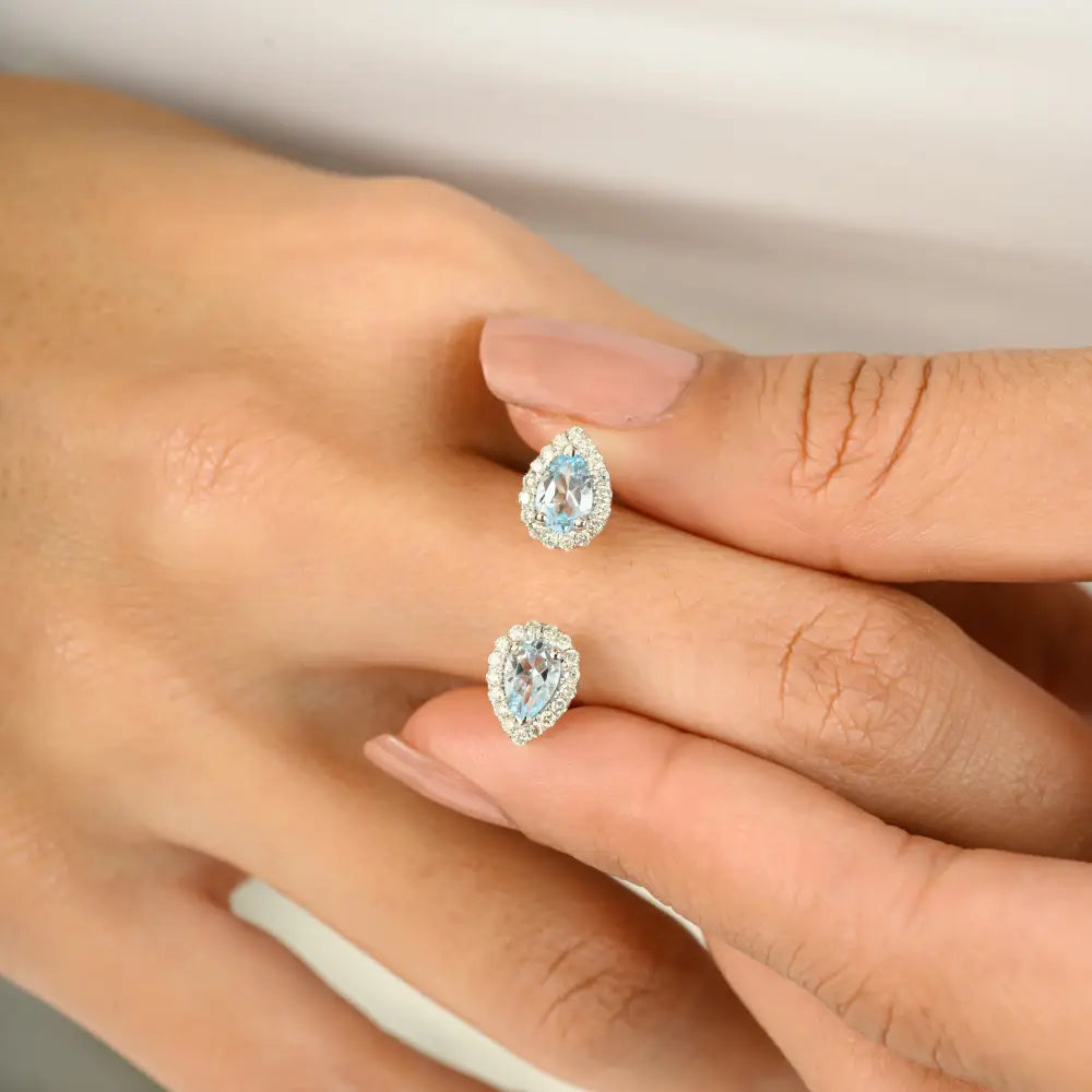Pear Cut Blue Topaz & Diamond Statement Halo Open Ring Unique Solid 14K White Gold Jewelry