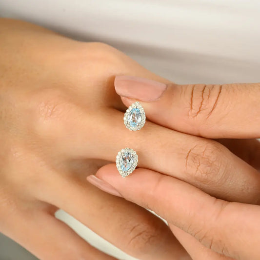 Pear Cut Blue Topaz & Diamond Statement Halo Open Ring Unique Solid 14K White Gold Jewelry