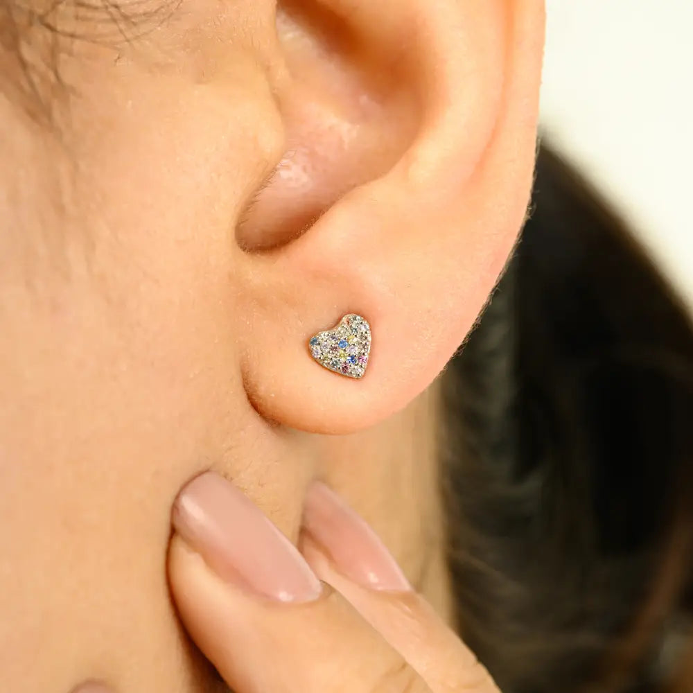 Rainbow Colorful Multi Sapphire Minimal Heart Shape Stud Earrings Pure K14 White Gold