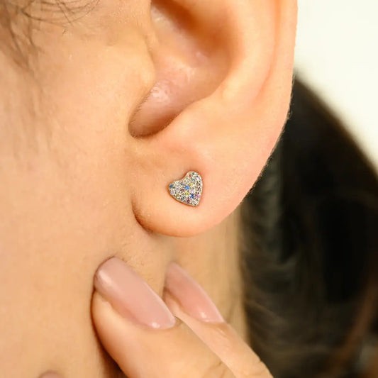 Rainbow Colorful Multi Sapphire Minimal Heart Shape Stud Earrings Pure K14 White Gold