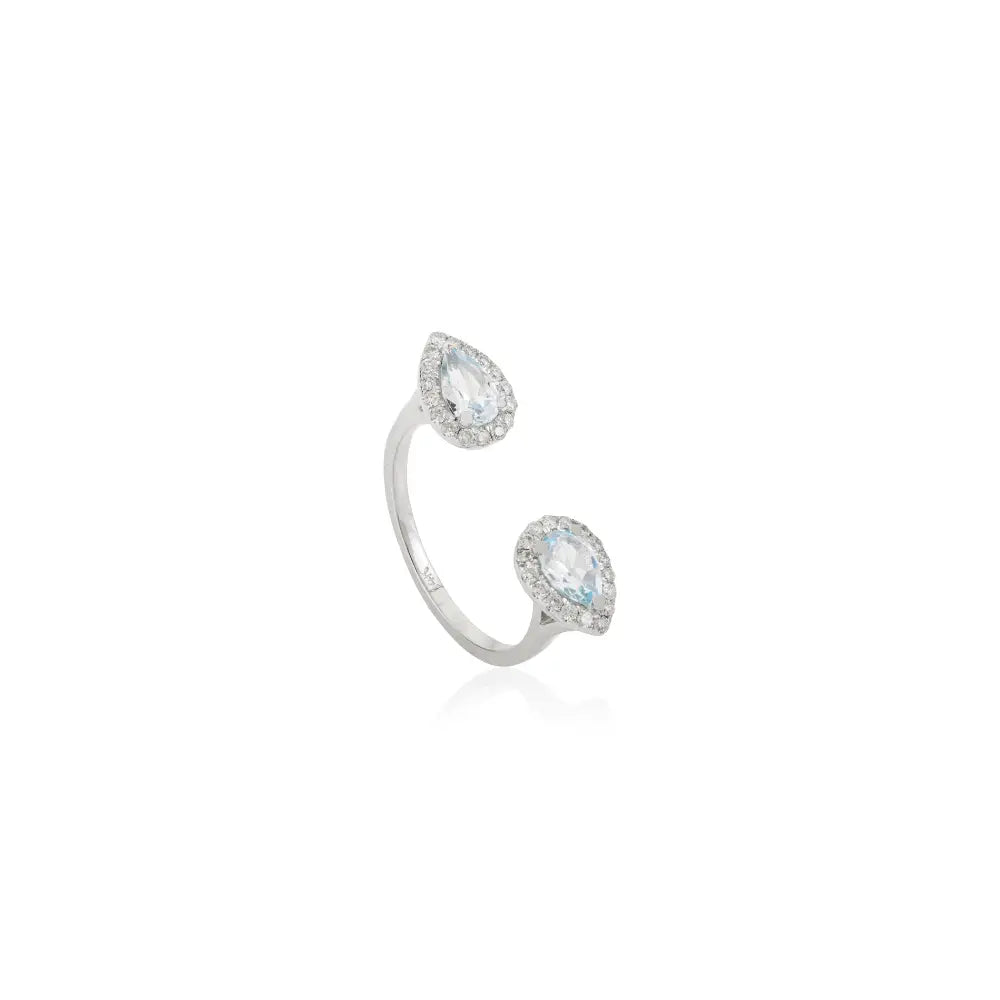 Pear Cut Blue Topaz & Diamond Statement Halo Open Ring Unique Solid 14K White Gold Jewelry
