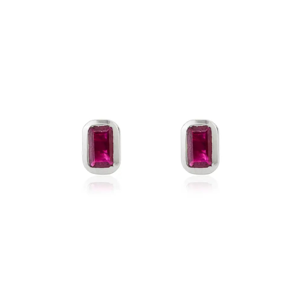 Octagon Cut Genuine Ruby Small Minimal Stud Earrings Handmade K14 White Gold Jewelry