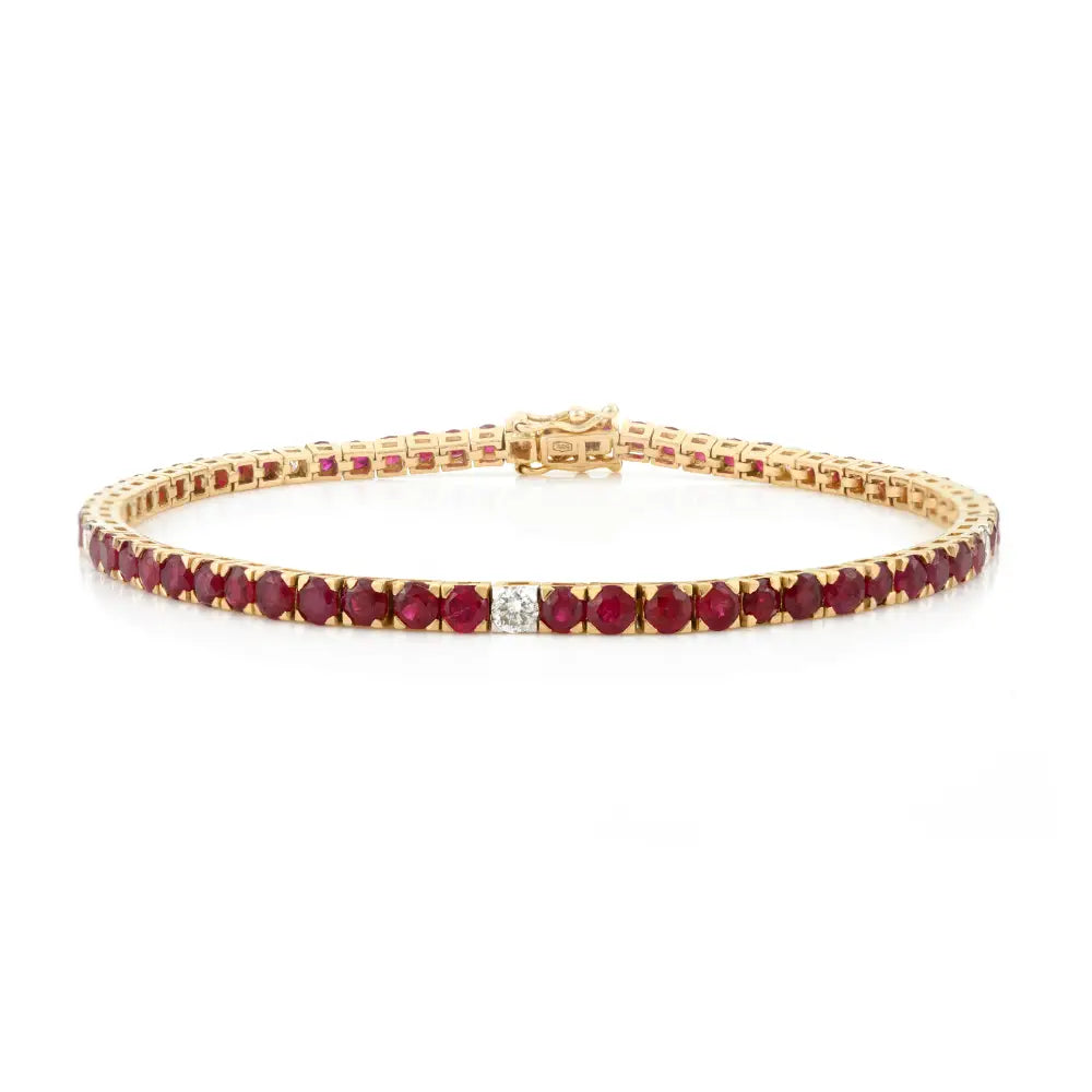 Round Cut Ruby & Diamond Stackable Box Lock Tennis Bracelet For Women Pure 14K Yellow Gold