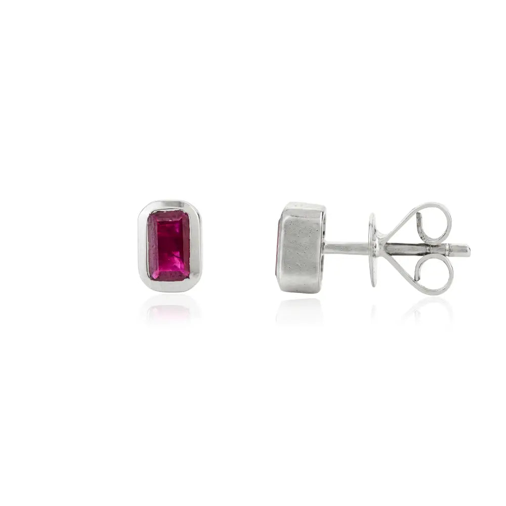 Octagon Cut Genuine Ruby Small Minimal Stud Earrings Handmade K14 White Gold Jewelry