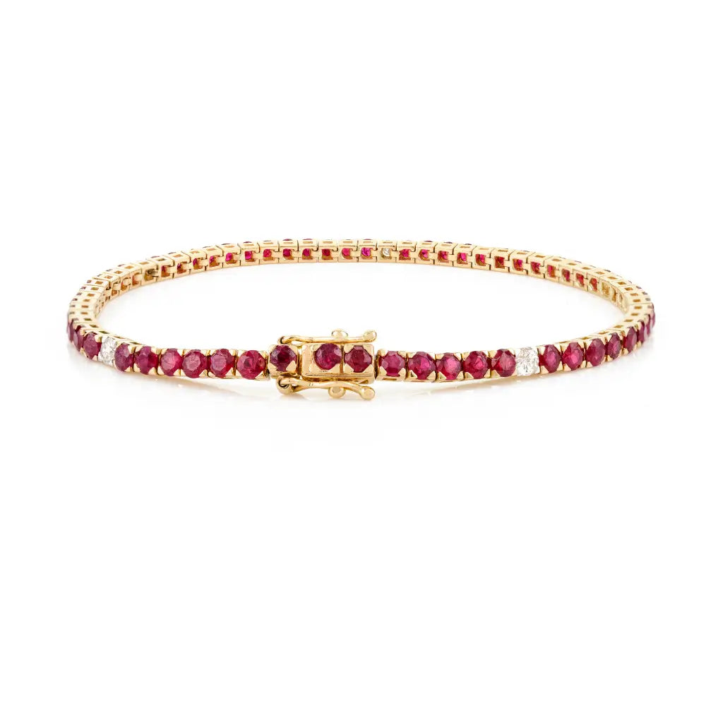 Round Cut Ruby & Diamond Stackable Box Lock Tennis Bracelet For Women Pure 14K Yellow Gold