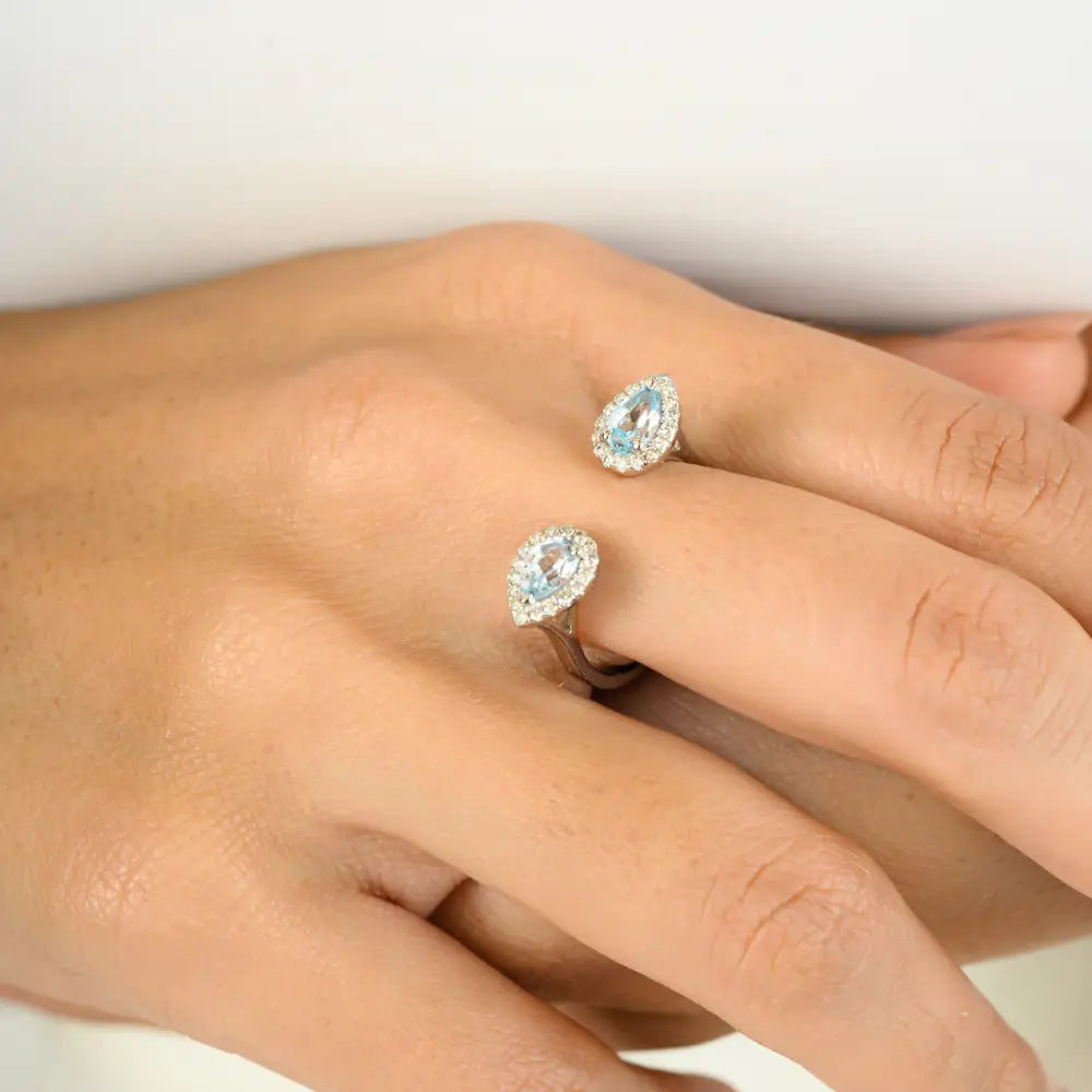Pear Cut Blue Topaz & Diamond Statement Halo Open Ring Unique Solid 14K White Gold Jewelry