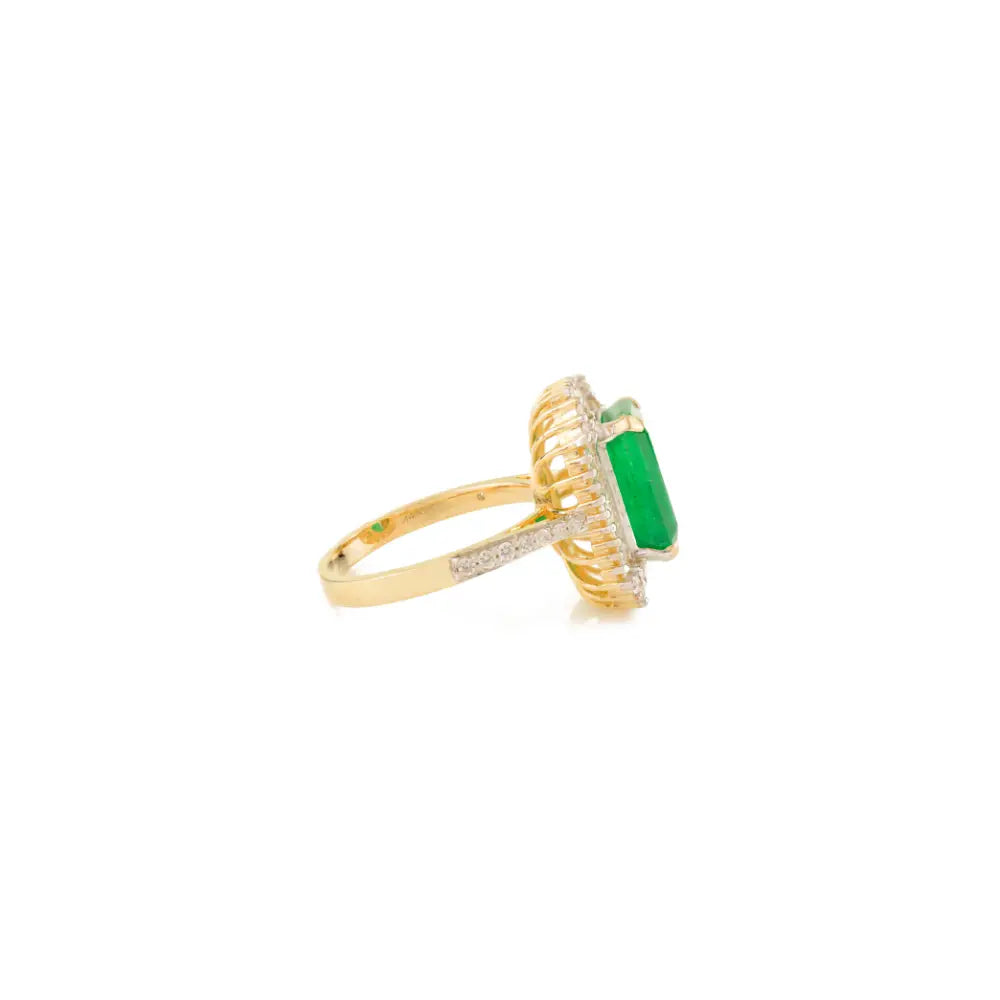 K14 Yellow Gold Zambian Emerald & Diamond Halo Ring Engagement Women's Jewelry