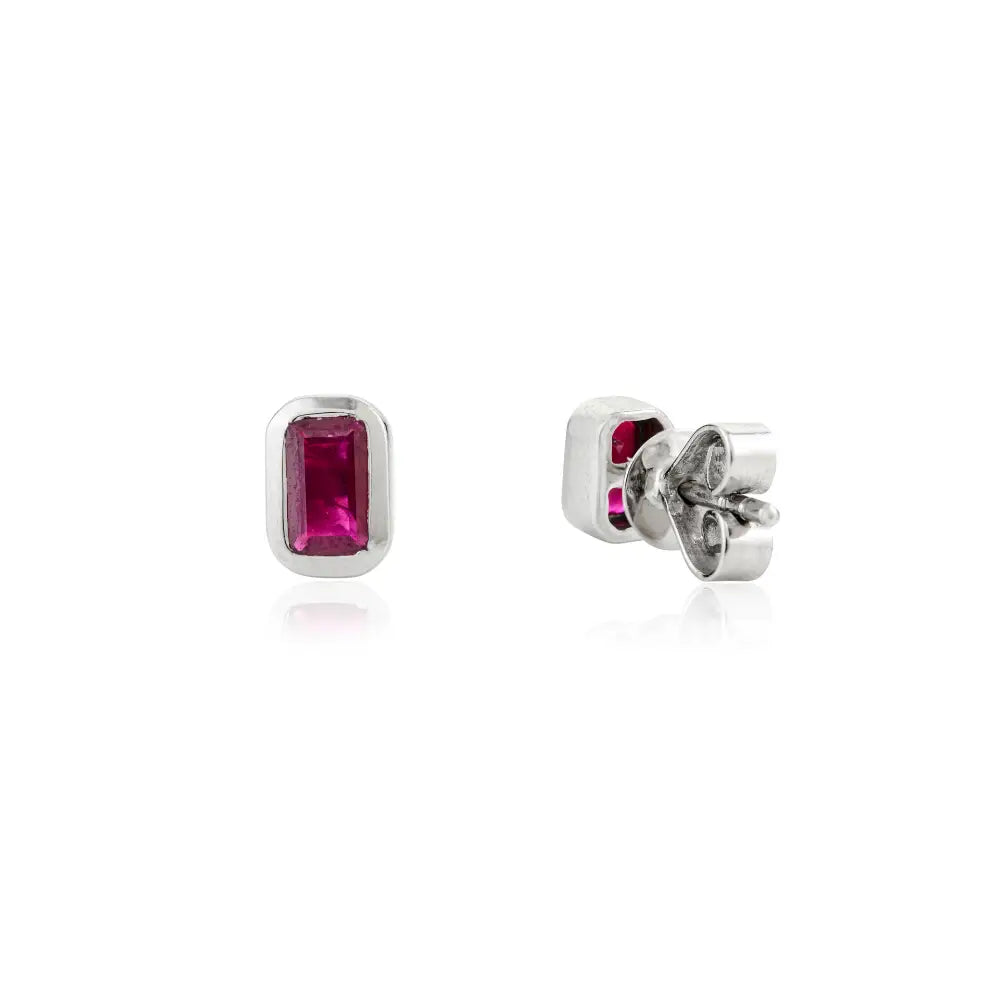 Octagon Cut Genuine Ruby Small Minimal Stud Earrings Handmade K14 White Gold Jewelry