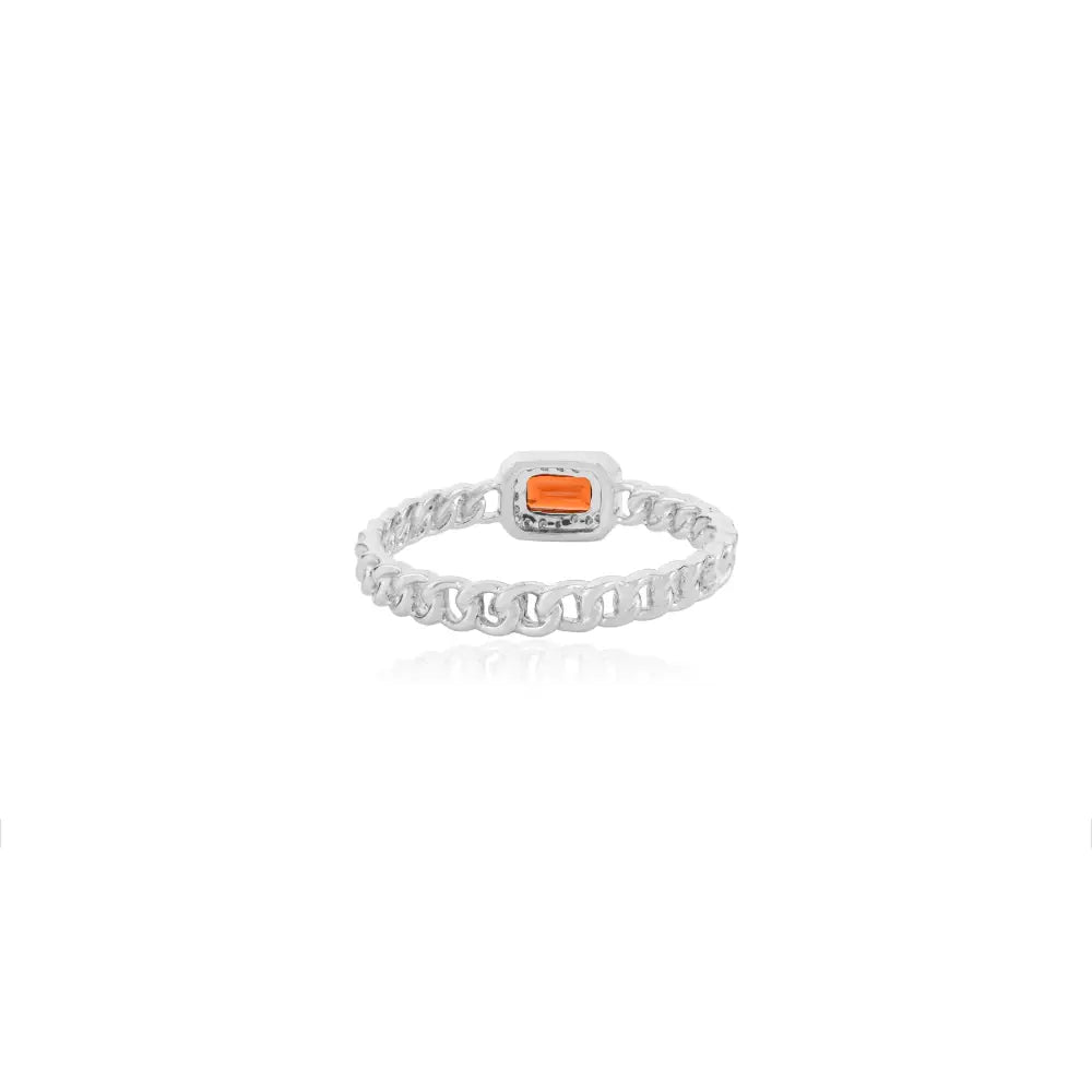 Baguette Garnet & Round Diamond 14K Gold Halo Cuban Chain Band Ring Stacked Jewelry