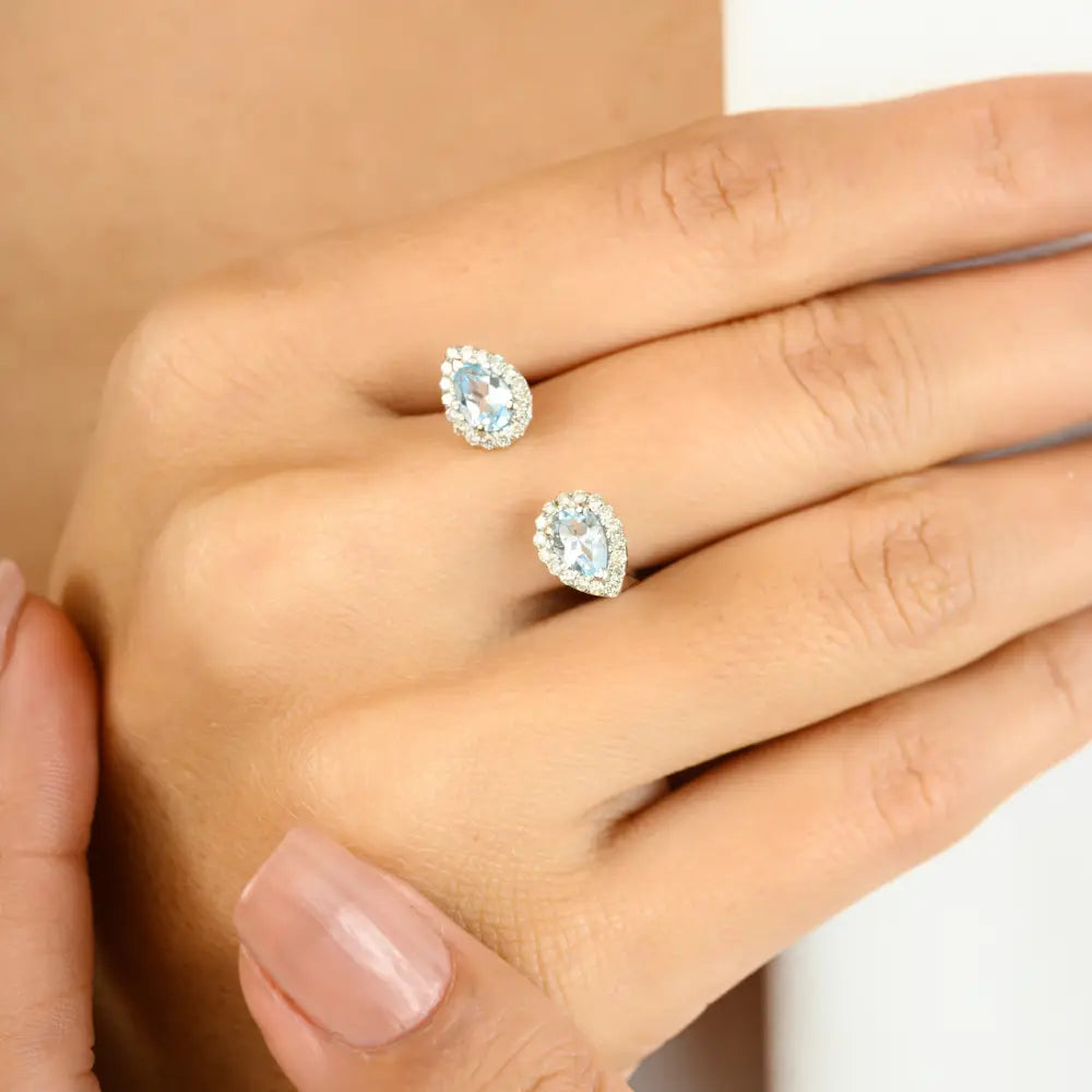 Pear Cut Blue Topaz & Diamond Statement Halo Open Ring Unique Solid 14K White Gold Jewelry