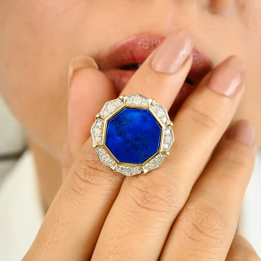 Hexagon Shape Lapis Lazuli & Round Diamond Statement Cocktail Ring Real 14K Gold Fine Jewelry