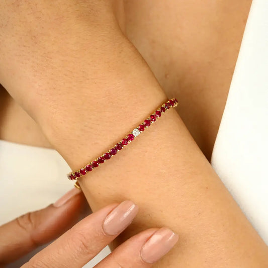 Round Cut Ruby & Diamond Stackable Box Lock Tennis Bracelet For Women Pure 14K Yellow Gold