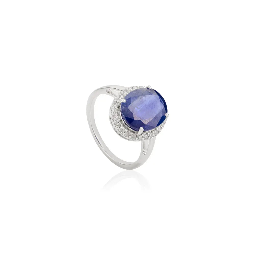 Statement Natural Blue Sapphire & Diamond Halo Ring Wedding Jewelry 14K Solid White Gold