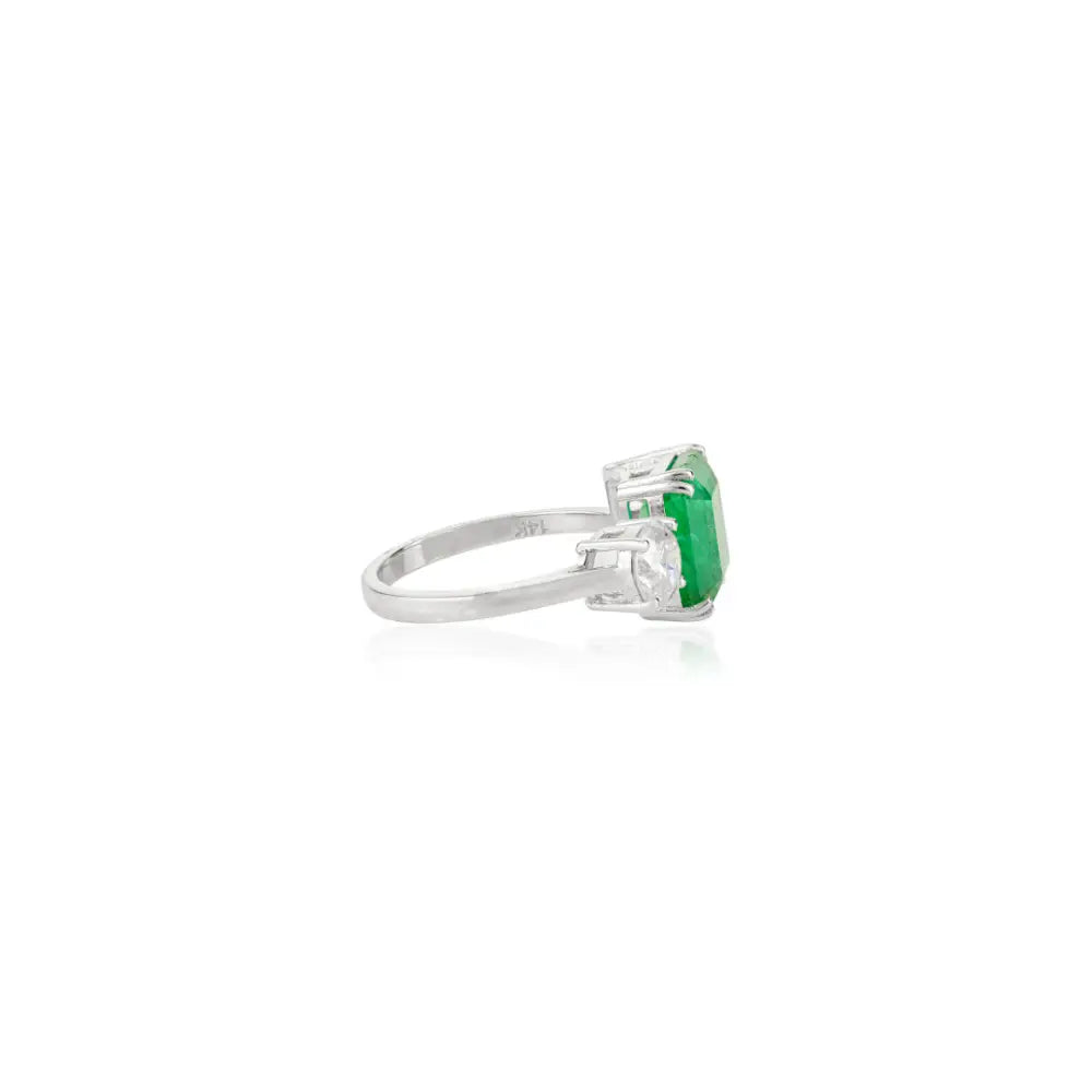 Precious Gemstone Double Prong Set Emerald & Diamond 14K White Gold Open Ring Unisex