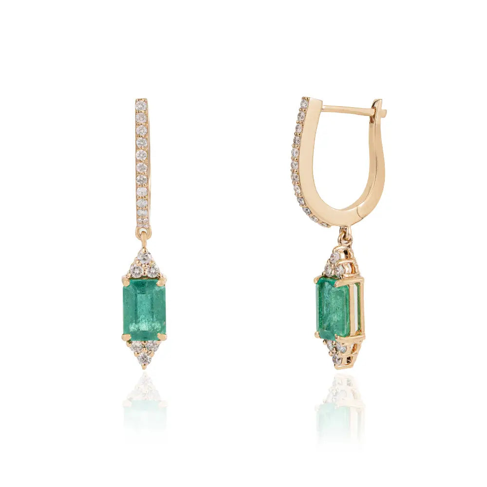 Elegant Design Solid K14 Yellow Gold Emerald & Diamond Hoop Drop Earrings For Women's