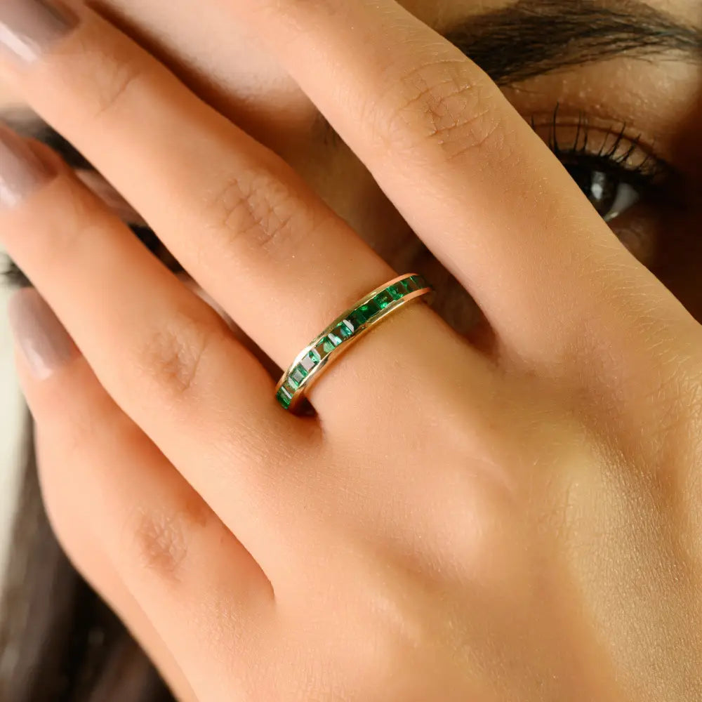 Elegant Design Zambian Emerald Stackable Half Band Ring 14K Yellow Gold Fine Jewelry