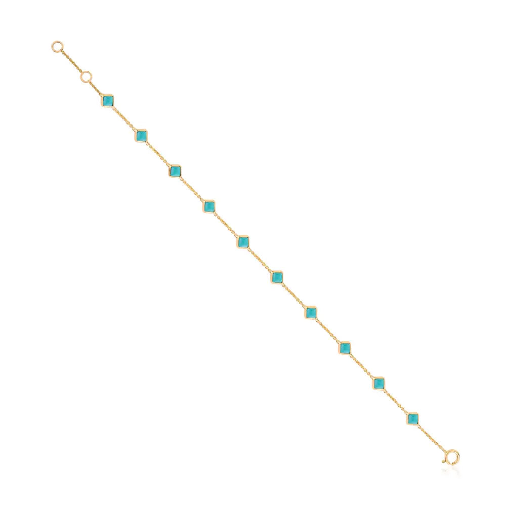 Square Cut Turquoise Gemstone Dainty Station Bracelet Real K14 Yellow Gold Minimal Jewelry