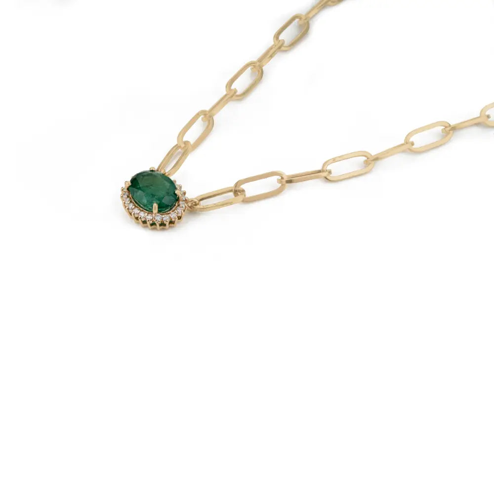 7x9 mm Oval Cut Emerald & Diamond 14K Real Gold Paperclip Chain Solitaire Cluster Pendant Necklace