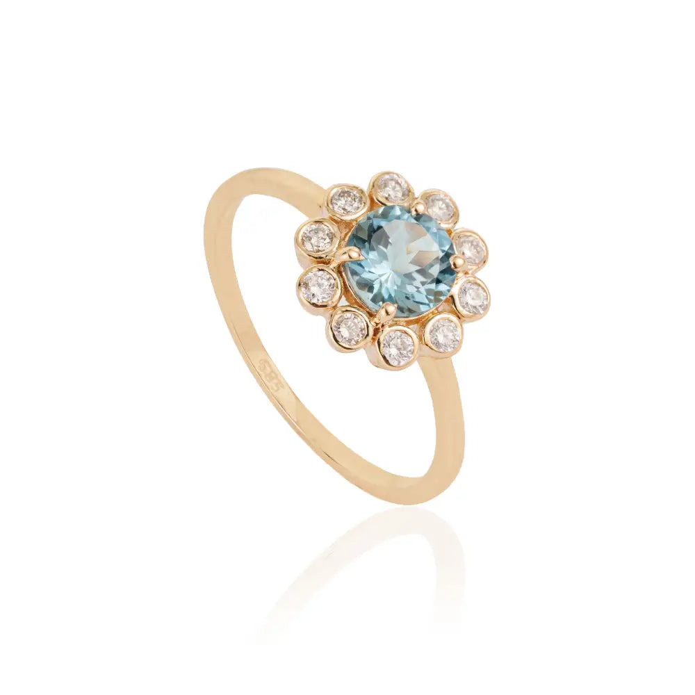 Round Cut Aquamarine & Diamond 14K Yellow Gold Floral Cluster Ring Customized Jewelry