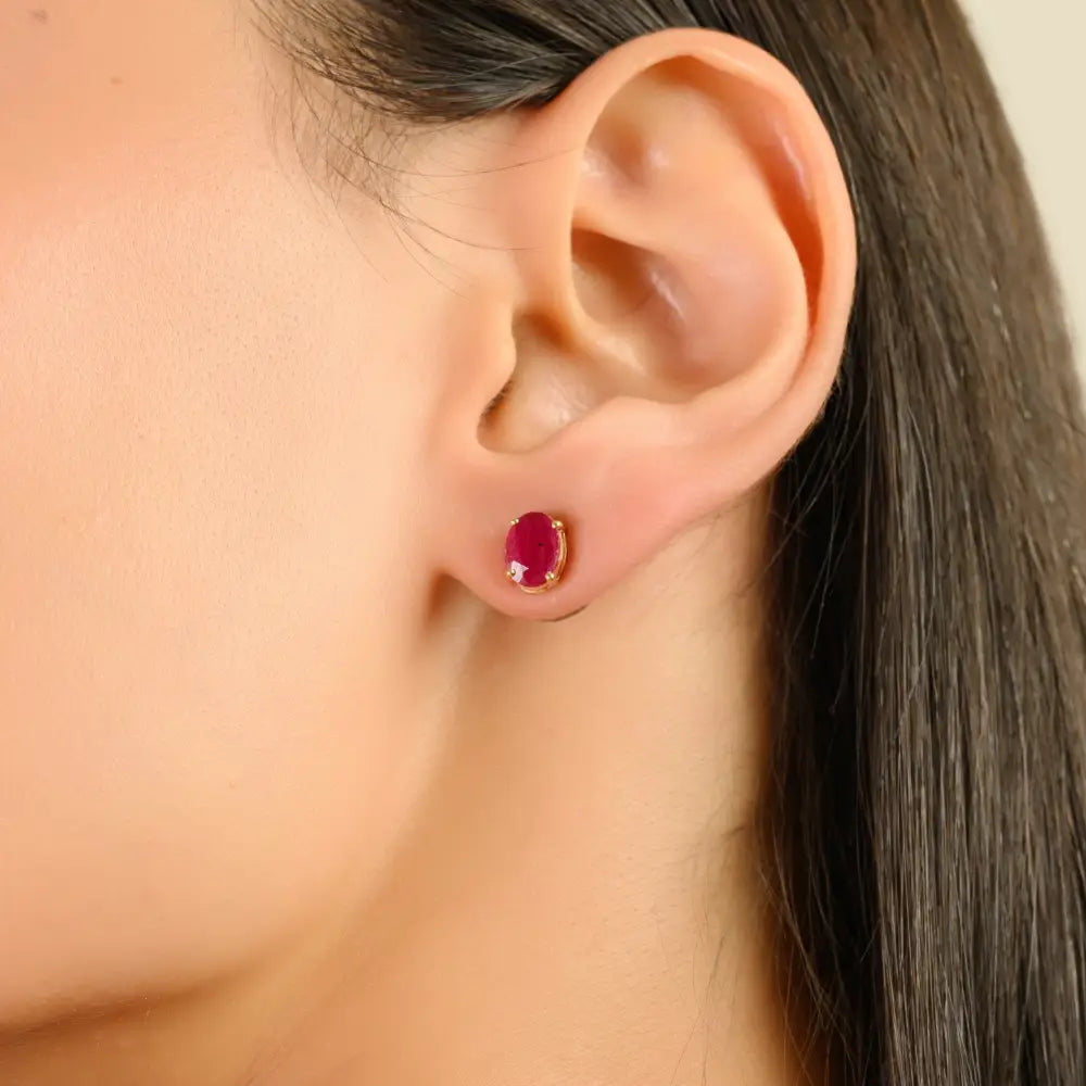 Everyday Jewelry Real Ruby Single Stone Stud Earrings 14K Real Yellow Gold Gift For Wife