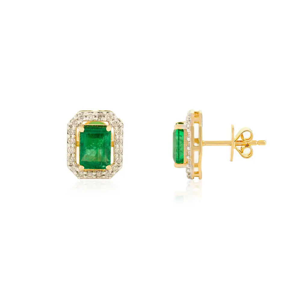 7x5mm Octagon Cut Emerald & Diamond 18K Yellow Gold Halo Stud Earrings For Women's