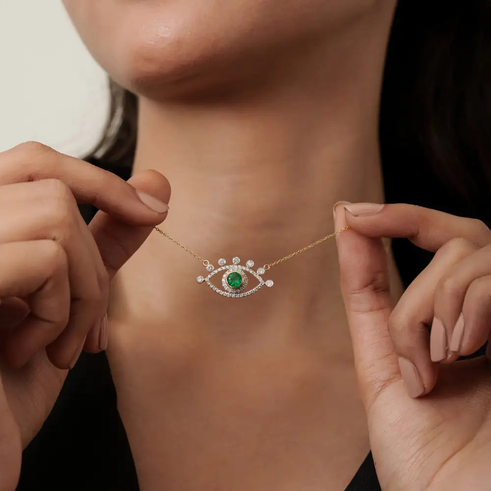 Unique Design Emerald & Diamond Evil Eye Pendant Necklace Fine 14K Yellow Gold Jewelry