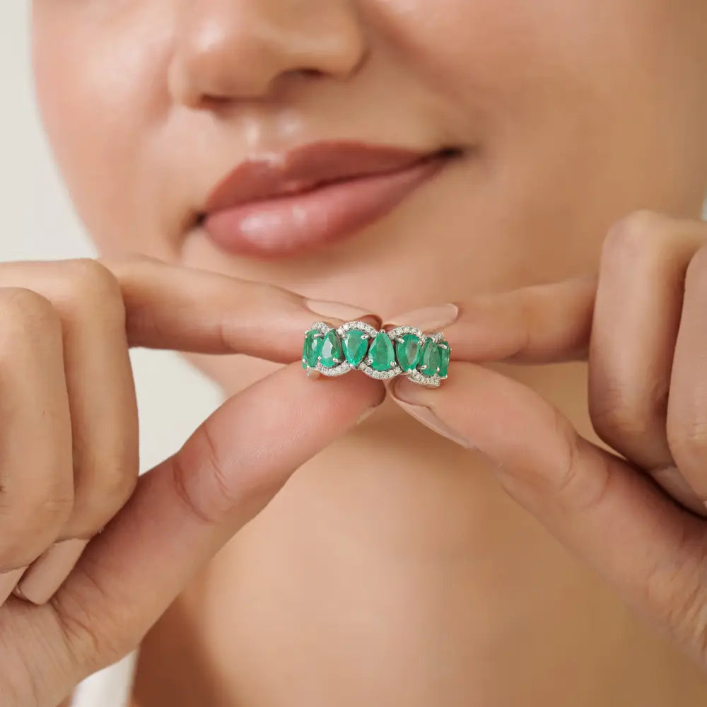 Zambian Emerald & Diamond 14K Real White Gold Wave Shape Half Eternity Band Ring