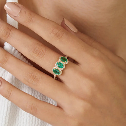 Oval Shape Emerald & Round Cut Diamond Three Stone Ring Fine 14K Solid Yellow Gold Jewelry
