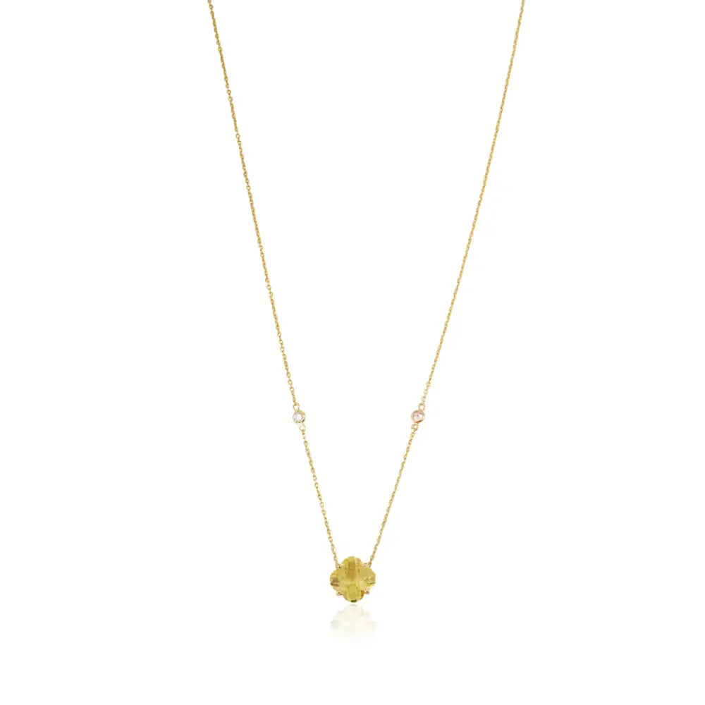 Trending New Design Lemon Topaz & Diamond Clover Shape Pendant Necklace 14K Gold