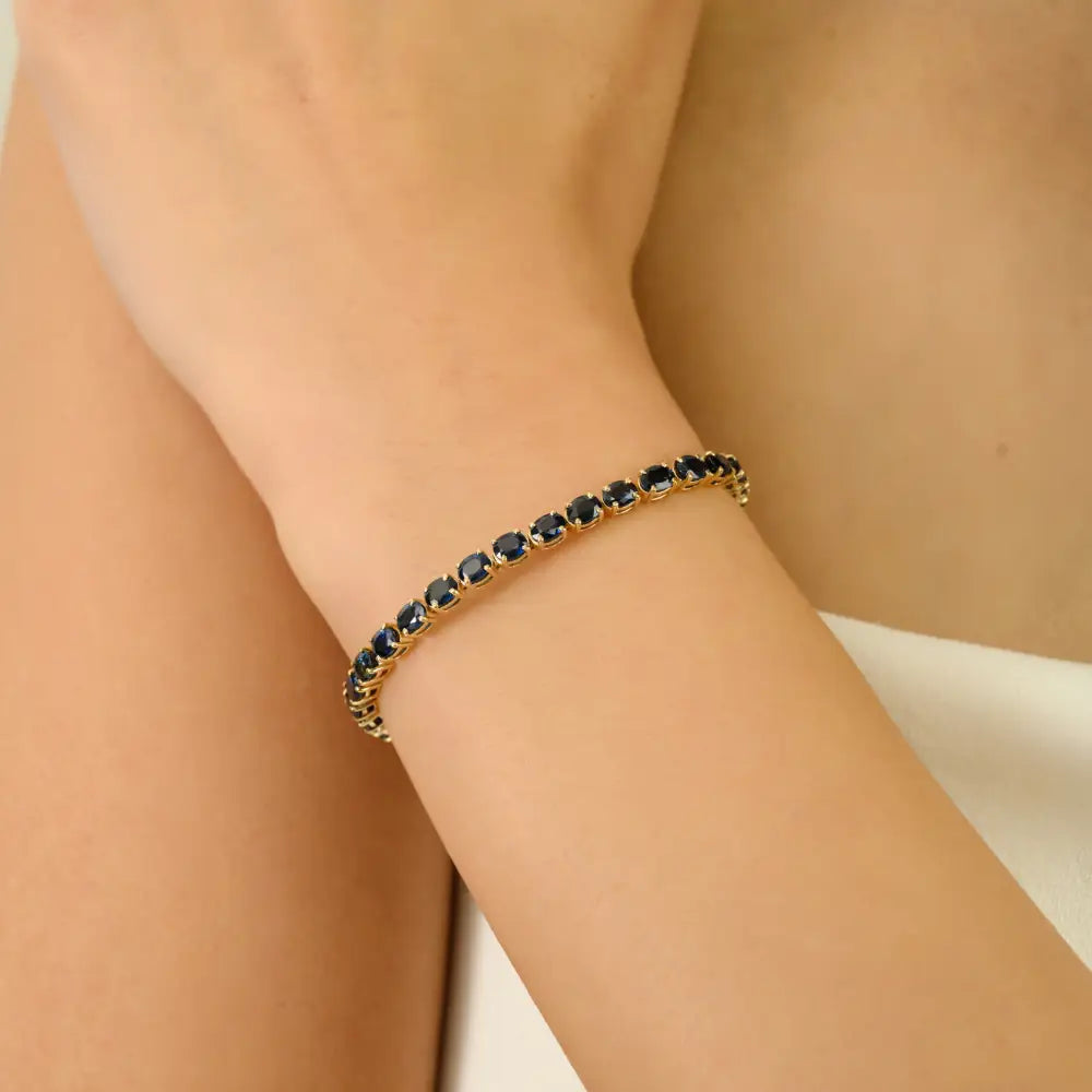 Latest Design Blue Sapphire 14K Real Yellow Gold Stackable Tennis Bracelet Wedding Gift