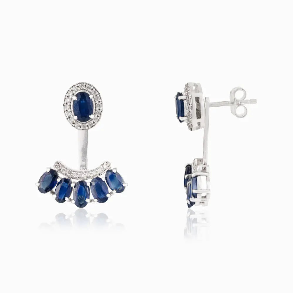 14K White Gold Blue Sapphire & Diamond Curved Shape Convertible Stud to Drop Earrings