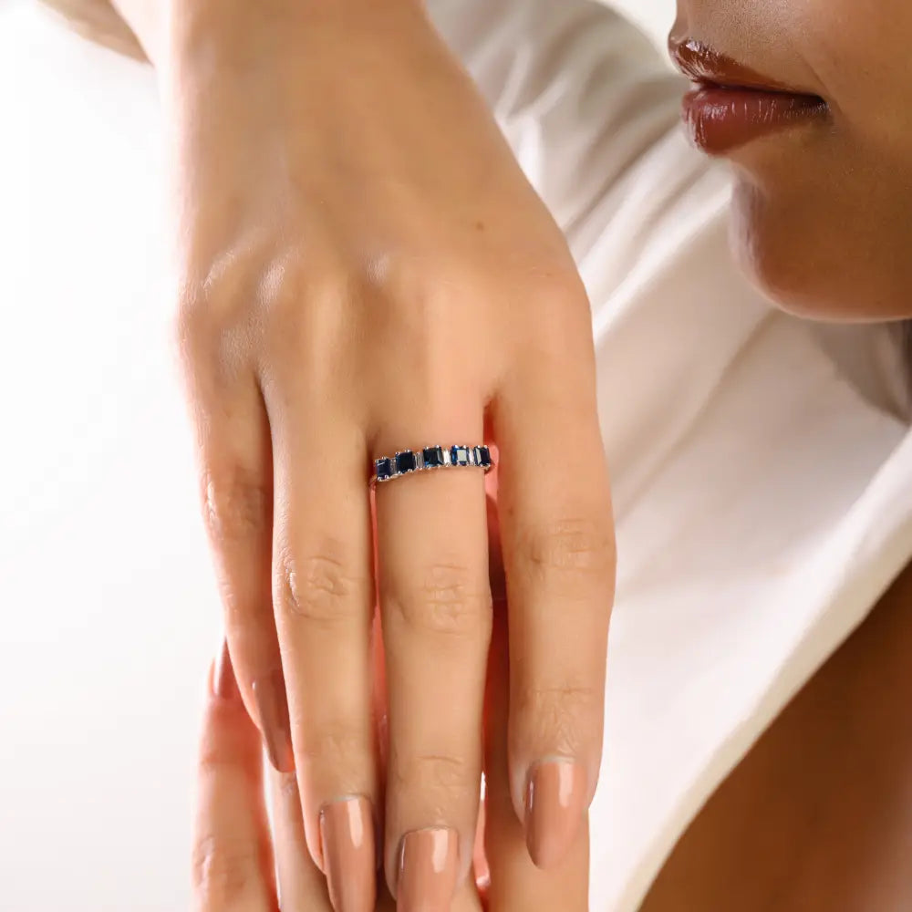 Square Shape Blue Sapphire & Baguette Cut Diamond Stacking Half Eternity Band Ring 14K Gold