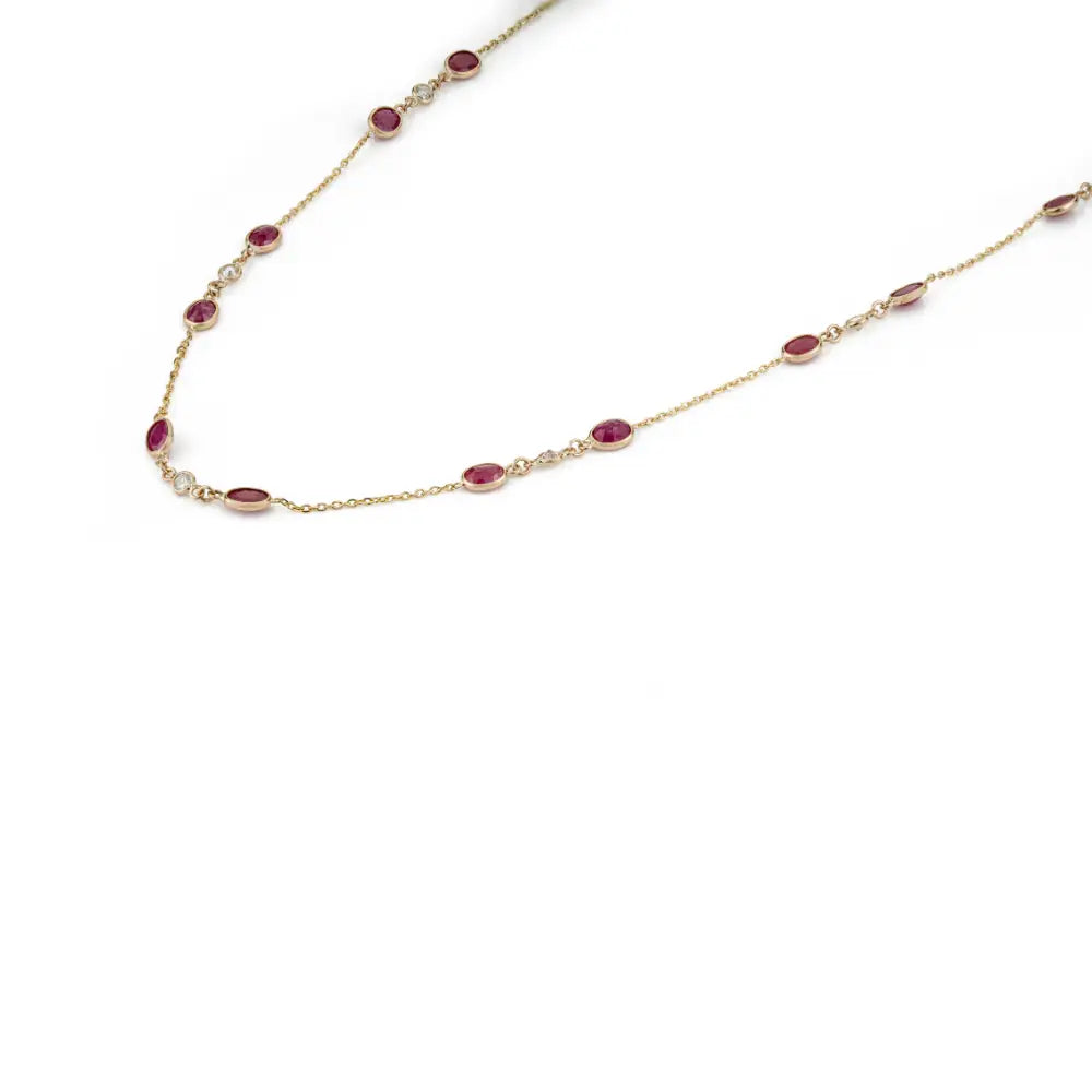 14K Solid Yellow Gold Ruby & Diamond Dainty Station Chain Necklace Mother's Day Gift Jewelry