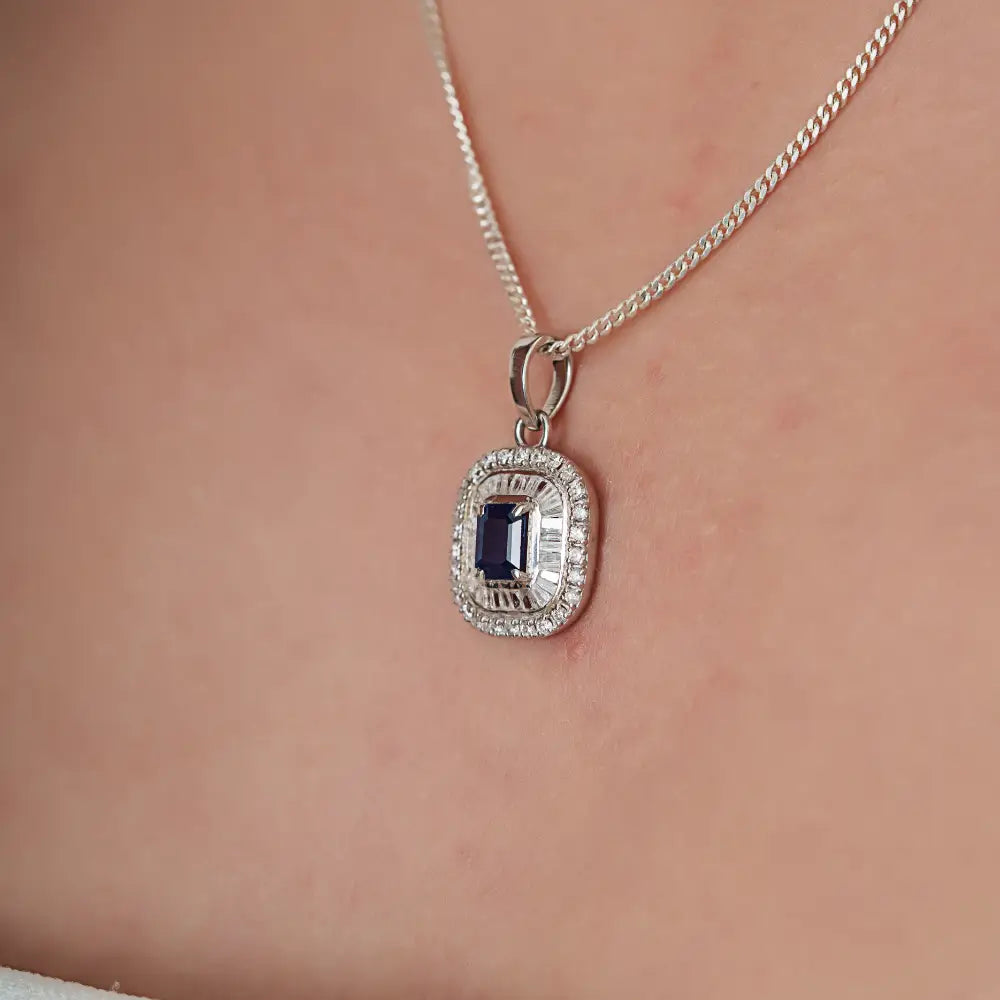 Real Blue Sapphire & Diamond 14K Pure White Gold Double Cluster Pendant For Wedding