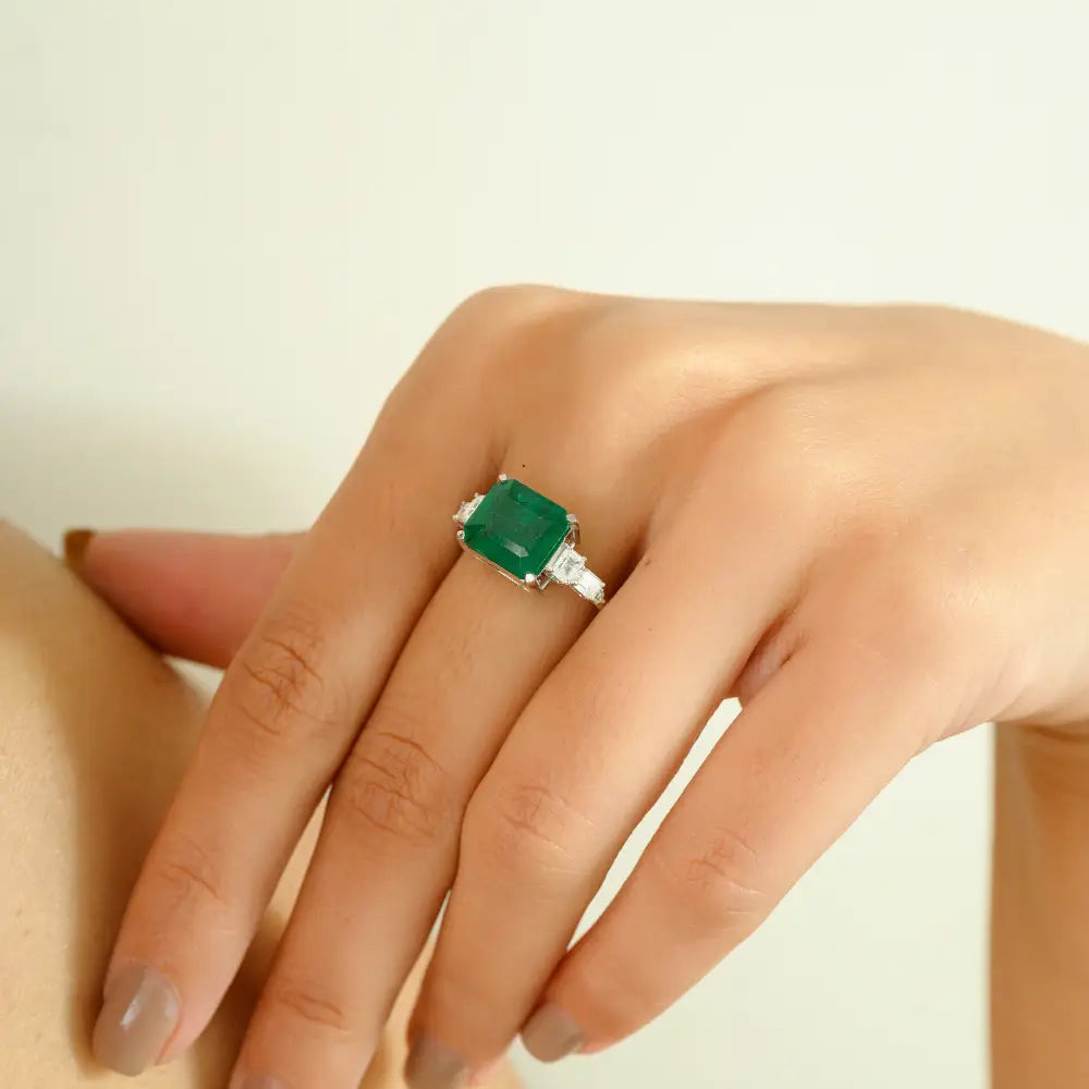 Best Seller Trending Pure K14 White Gold Emerald & Diamond Statement Ring Custom Jewelry