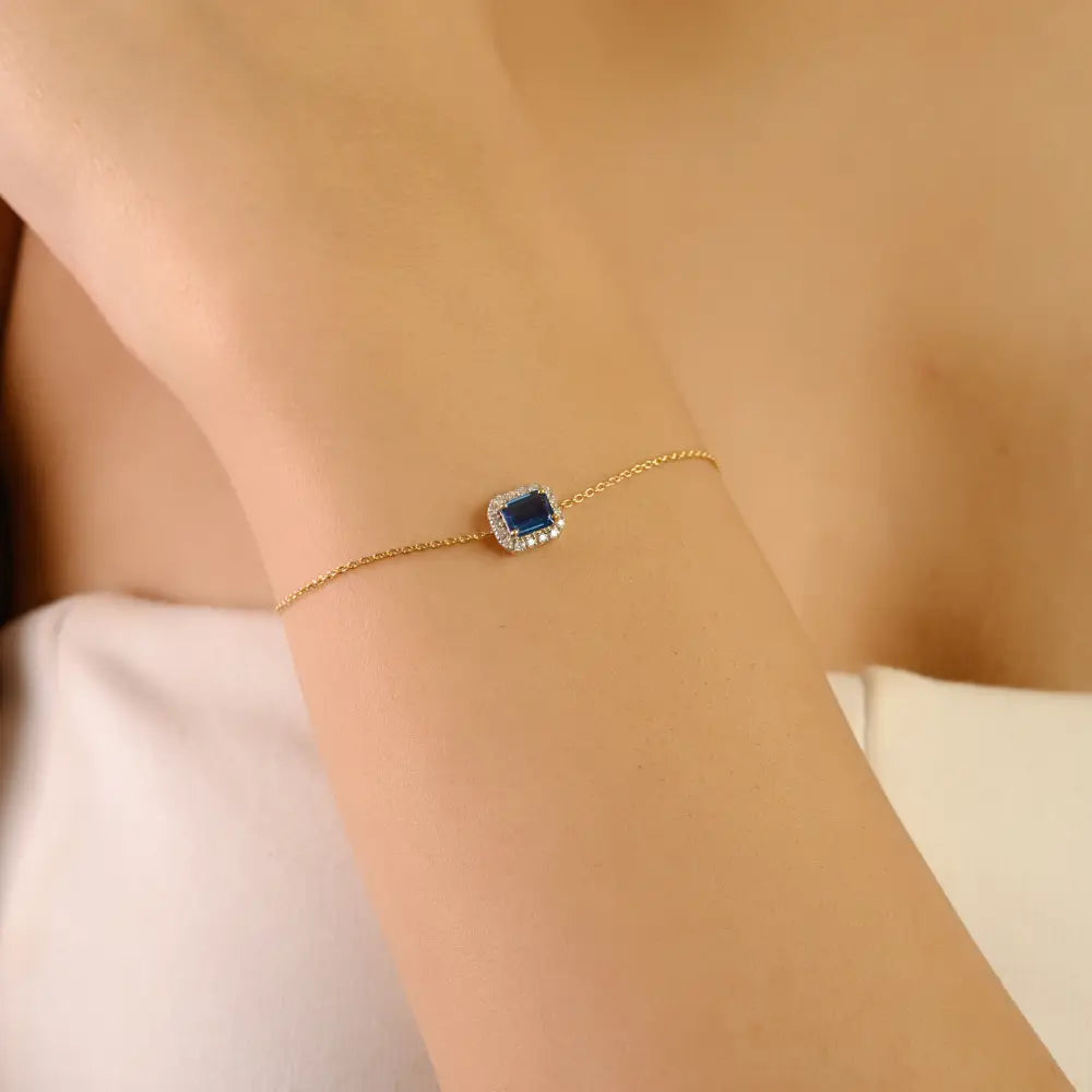 New Trendy 14K Yellow Gold Blue Sapphire & Diamond Solitaire Halo Bracelet Stacking Jewelry