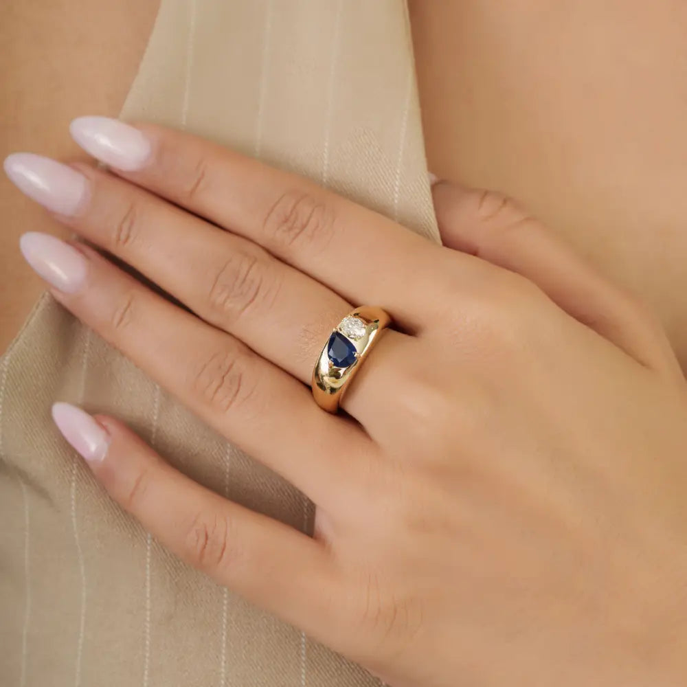 14K Yellow Gold Blue Sapphire & Diamond Toi et Moi Dome Ring Statement Jewelry Unisex