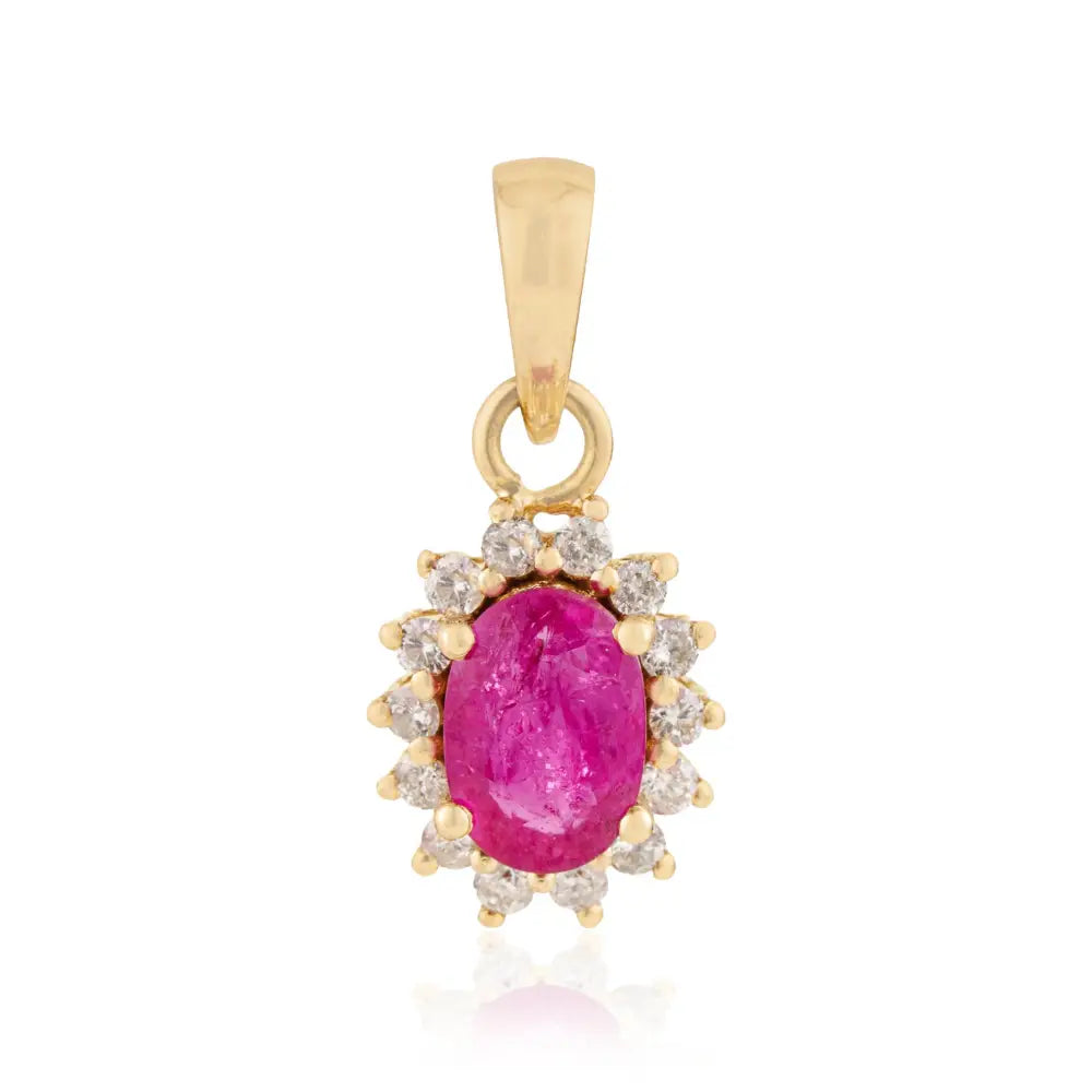 July Birthstone Real Ruby & Diamond 14K Yellow Gold Cluster Pendant Anniversary Gift