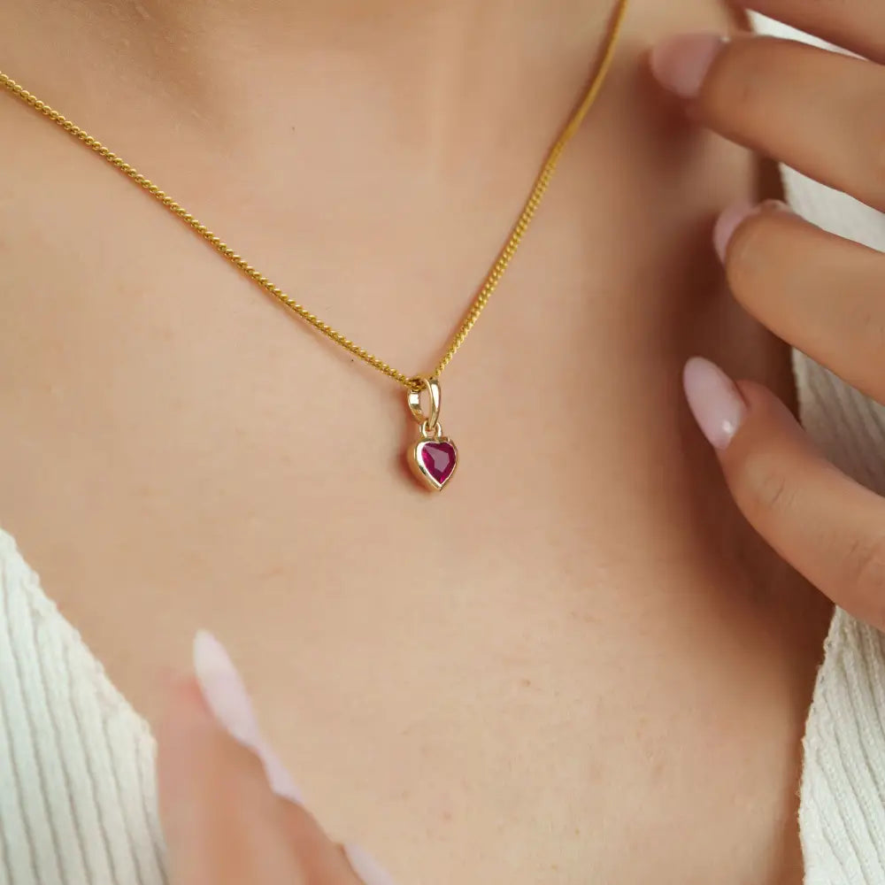 14K Real Yellow Gold Ruby Mini Heart Shape Pendant Minimalist Jewelry Gift For Girlfriend