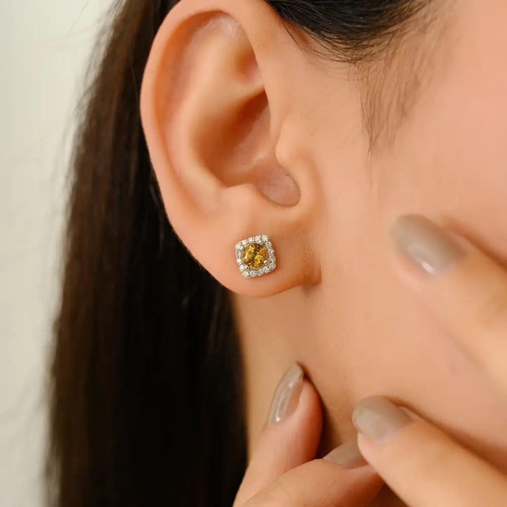 Minimal Design Citrine & Diamond Small Halo Stud Earrings Fine 14K White Gold Jewelry