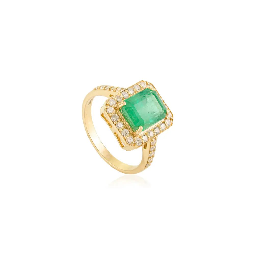 9x7mm Zambian Emerald & Diamond Pure 14K Yellow Gold Engagement Ring May Birthstone