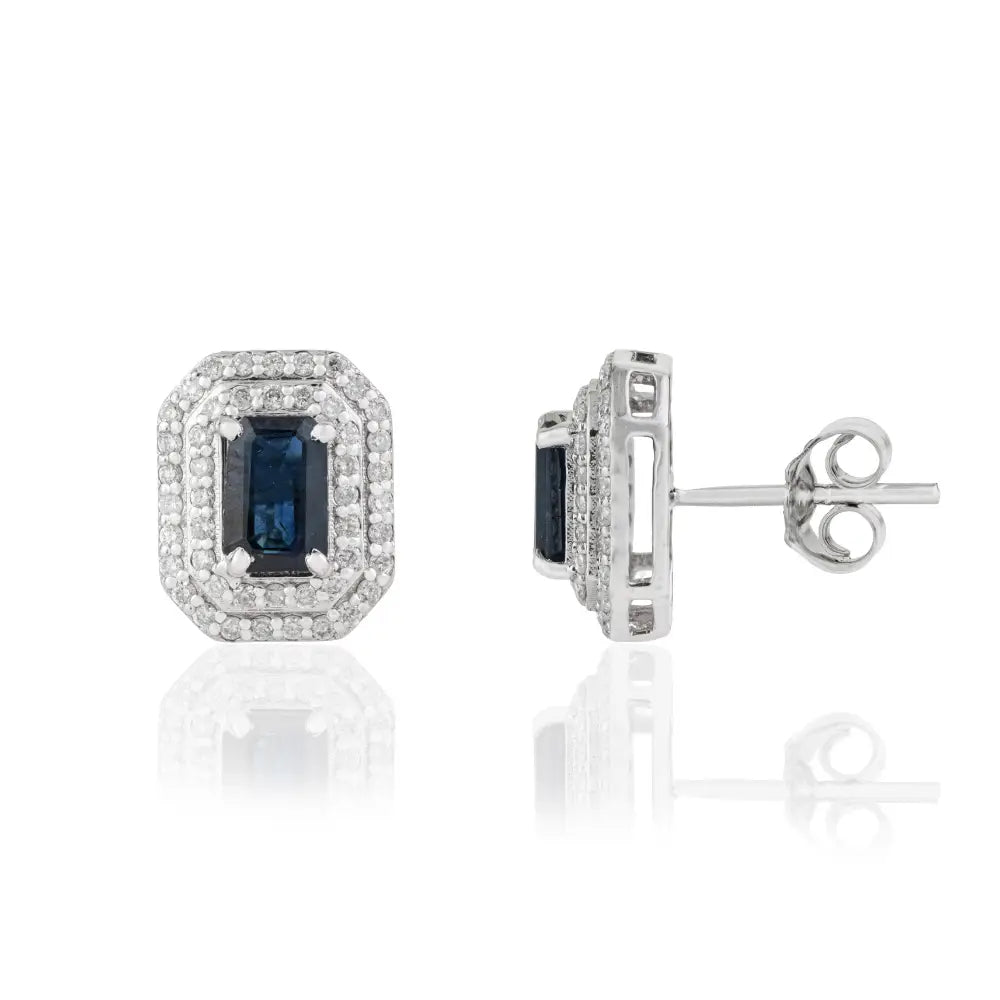 14K White Gold Blue Sapphire & Diamond Double Cluster Push Back Stud Earrings For Women's