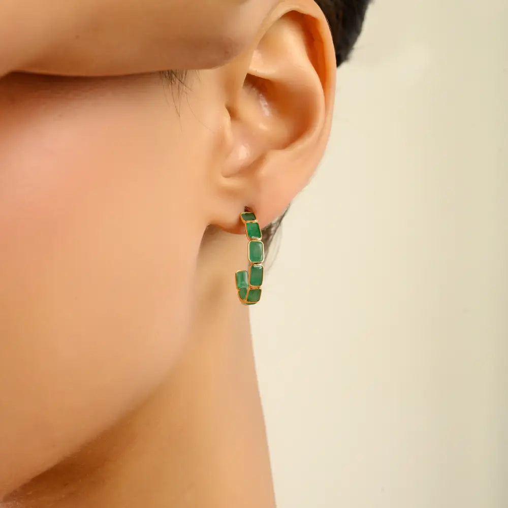 Dainty Style Natural Emerald C Shape Hoop Earrings K18 Solid Yellow Gold Handmade Jewelry