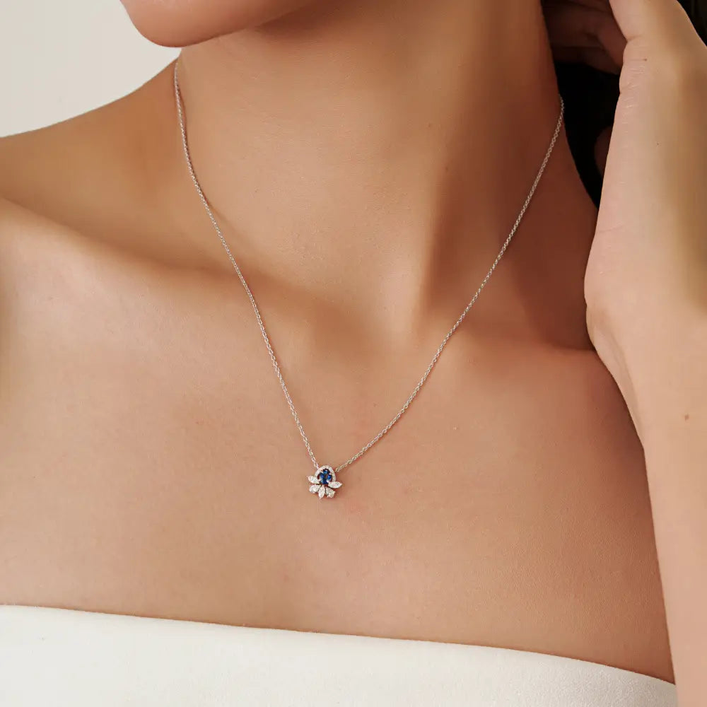 14K Solid White Gold Blue Sapphire & Diamond Minimal Pendant Necklace Everyday Jewelry