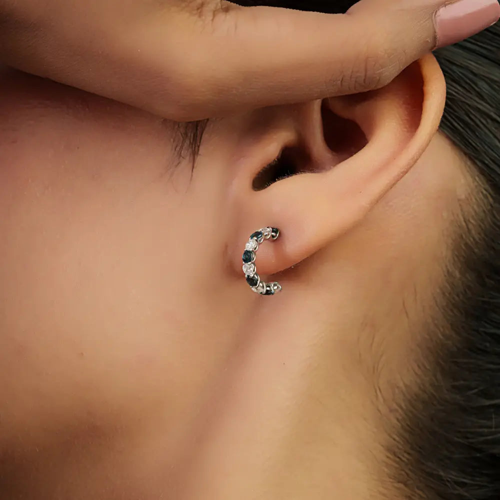 K14 Real White Gold Blue Sapphire & Diamond Small Hoop Earrings Everyday Wear Women Jewelry